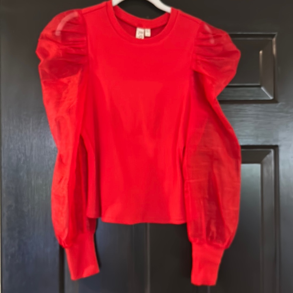 Red top with sheer puff sleeves